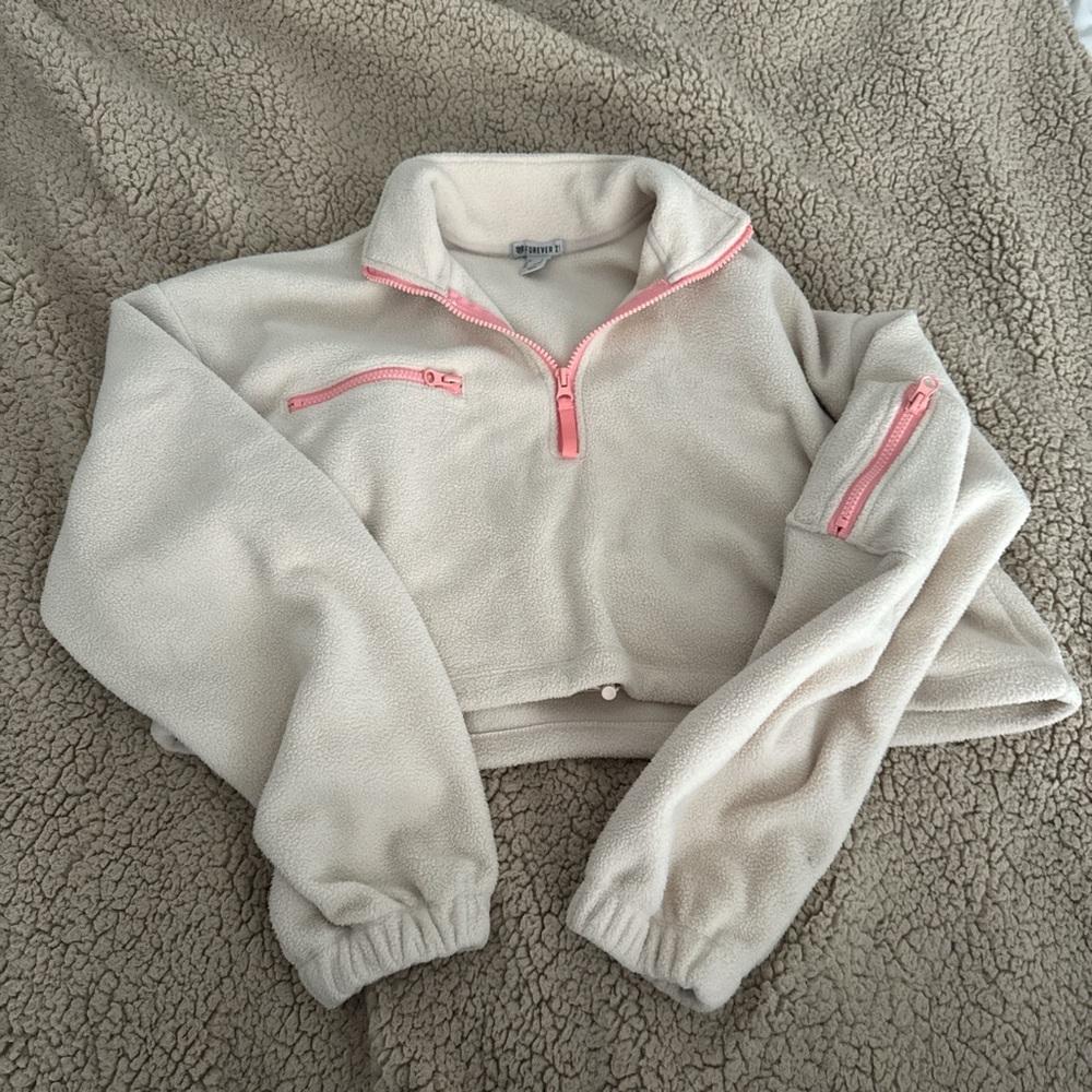 Forever 21 Cream Fleece Pullover with Pink Accents